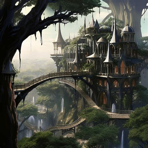 Elven Gothic Architecture with Nature Vines Dramatic Lighting | Premium AI-generated image