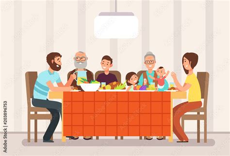 Big happy family eating lunch together in living room cartoon vector illustration Stock Vector ...