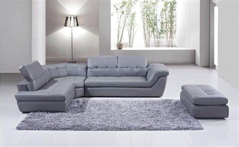 Grey Italian Leather Sectional w/Ottoman Set 2Pcs Adjustable Headrest ...