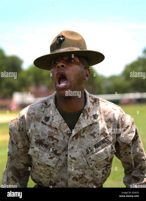 US Marine Corps Drill Instructors yells at recruits during training ...