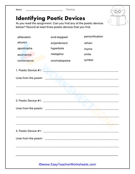 Poetic Devices Finder Worksheet for 5th - 7th Grade | Lesson Planet - Worksheets Library