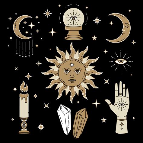 Celestial Magic gold colour illustration of icons and symbols of sun, moon, crystals, evil eye ...