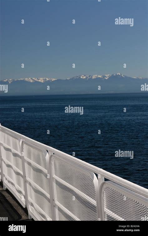 Rail of ferry on Strait of Juan de Fuca, between Canada and USA ...