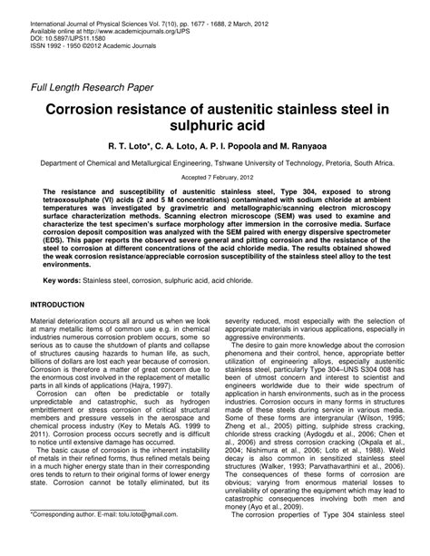 (PDF) Corrosion resistance of austenitic stainless steel in sulphuric acid