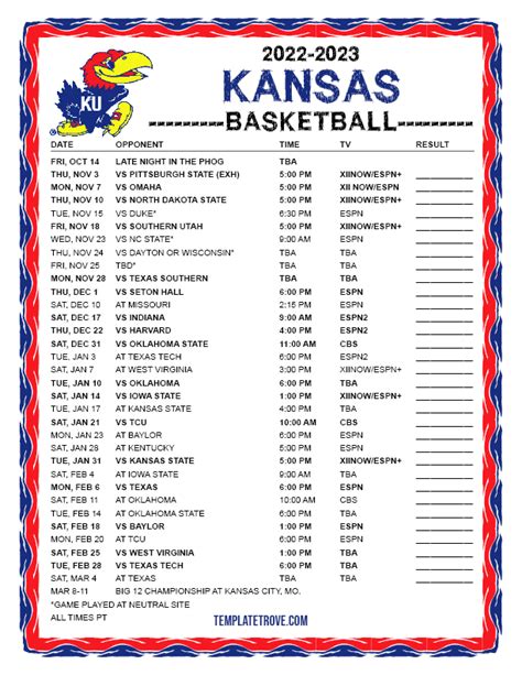 Ku Basketball Schedule 2024-2024 Printable - Theda Gerrilee