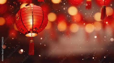 Chinese new year, Closeup bokeh defocused photo of Red Gold Traditional Chinese Glowing Hanging ...