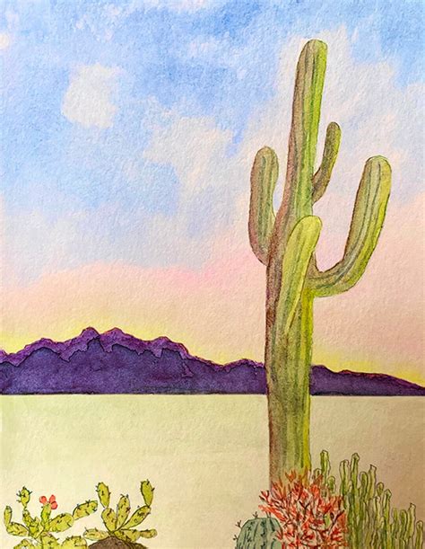 Sunny Sonoran Desert Landscape Art Print, Watercolor Painting, Warm ...