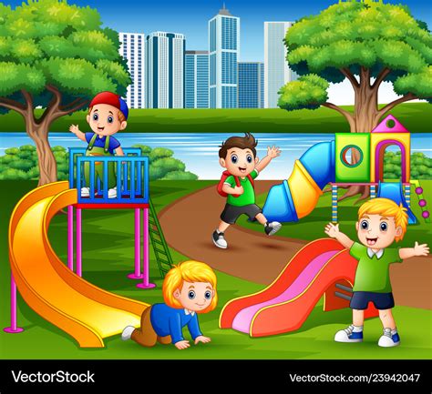 Happy children playing in the school playground Vector Image