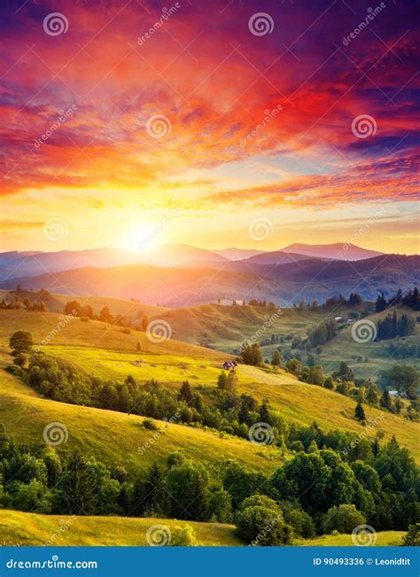 Sunny mountain landscape stock photo. Image of evening - 90493336