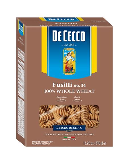 De Cecco 100% Whole Wheat Fusilli No.34 Pasta, 13.25 oz - Walmart.com