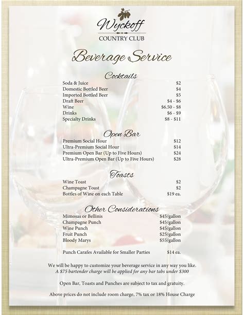 Beverage Service Menu - Wyckoff Country Club