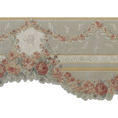 Prepasted Wallpaper Border - Victorian Gold, Green, Pink Roses Garlands Scalloped Wall Border ...