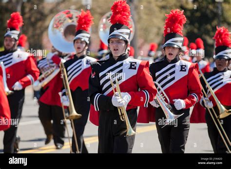 High school marching band trumpet player during parade - USA Stock Photo - Alamy