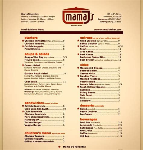 Menu at Mama J's Kitchen pub & bar, Richmond