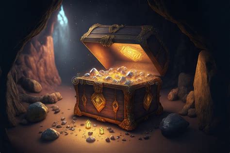 Ancient Open Treasure Chest, Glowing Gemstones and Gold Inside Stock Illustration - Illustration ...