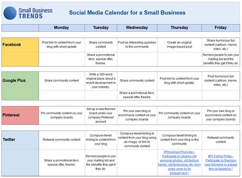 Social Media Calendar Template for Small Business