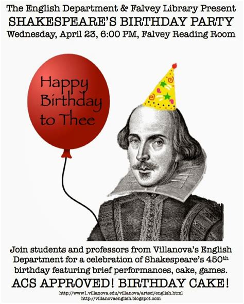 Villanova English: Shakespeare's Birthday Party April 23