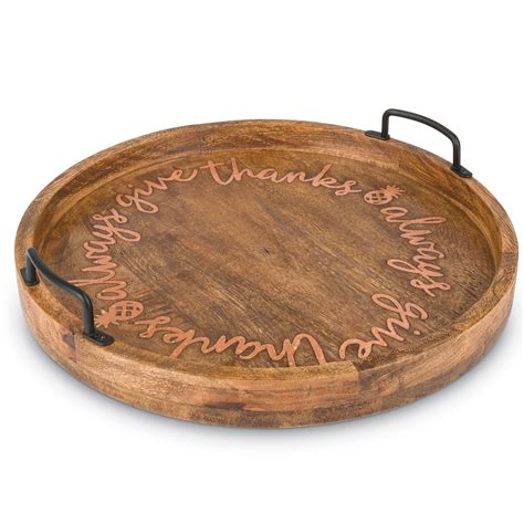 18-Inch, Round Mango Wood Serving Tray with Copper Inlay Message ...