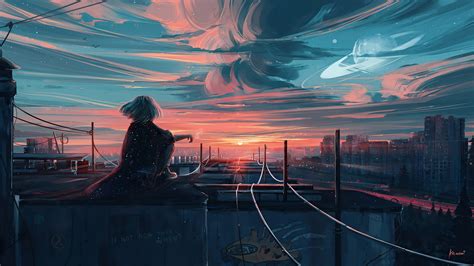 Anime Girl City Sunset Wallpaper