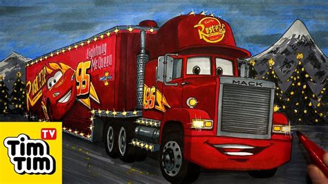 How to draw Cars 3 Mack Hauler Christmas Truck, Easy step-by-step, Art Color