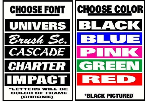 CHROME FRAME CUSTOM PLASTIC PERSONALIZED License Plate Frame COLOR FONT ...