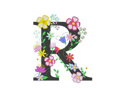 Floral letter R garden flag monogram lace swirl flowers block font and mini Font machine ...