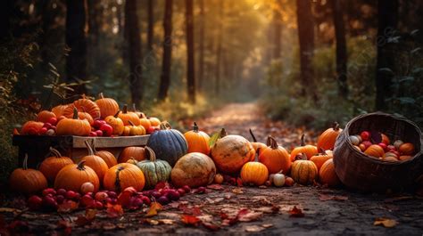 Pumpkins In The Forest On A Path With Sun Shining On It Background ...