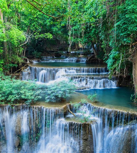 beautiful waterfall panoramic beautiful deep green natural forest on ...