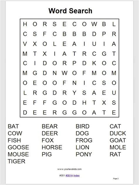 100 Printable Grade 1 Animals Word Searches With Answers Etsy - Word Search Printable