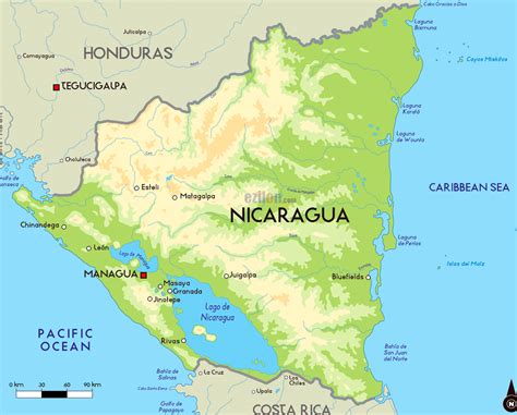 Large elevation map of Nicaragua with major cities | Nicaragua | North ...