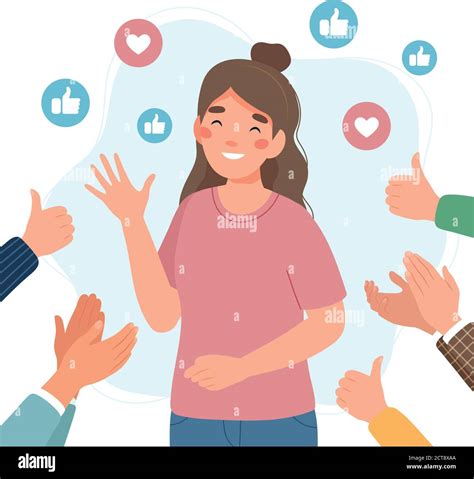 Happy young woman surrounded by hands with thumbs up and applauding. Success and social approval ...