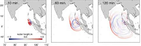 Snapshots of computer simulation for tsunami propagation. | Download ...