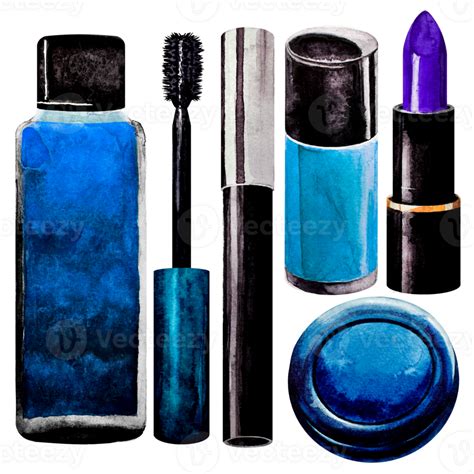 Blue set of decorative cosmetics for makeup painted in watercolor ...