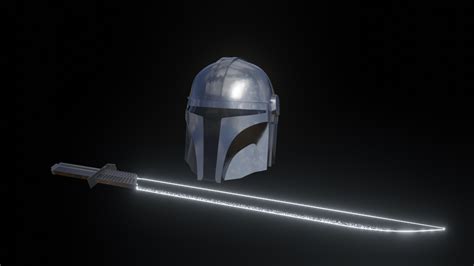 The Mandalorian's helmet and Darksaber I made in Blender. : r/blender