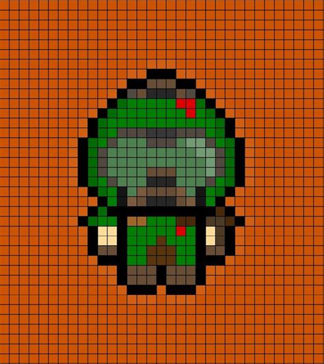 A pixel art template of the Bethesda studios video game character, Doom Slayer (or Doom Guy ...