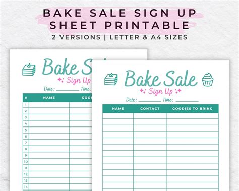 Non-editable Bake Sale Sign up Sheet, Holiday School Church Fundraiser ...