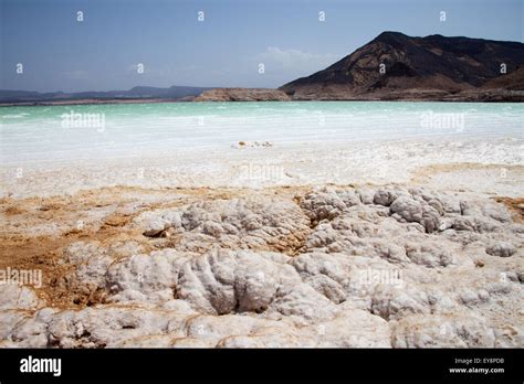 Salt deposits at lowest point in Africa, Lake Assal; Djibouti Stock ...