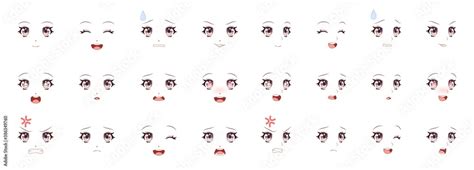 Manga expression. Girl eyes, mouth, eyebrows anime woman faces. Female character in cartoon ...