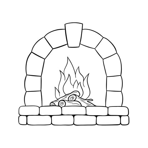 Monochrome image, stone fireplace with wood and fire, vector illustration in cartoon style on a ...