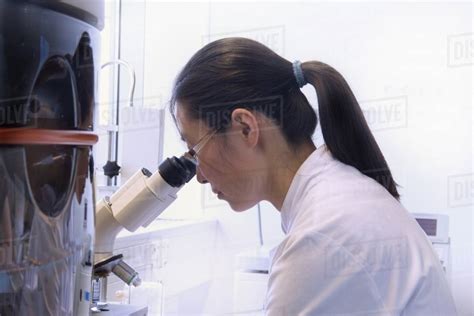 Scientist using microscope in lab - Stock Photo - Dissolve