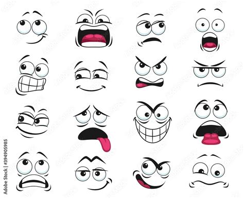 Cartoon face expression isolated vector icons, funny emoji exhausted, yelling and scared ...