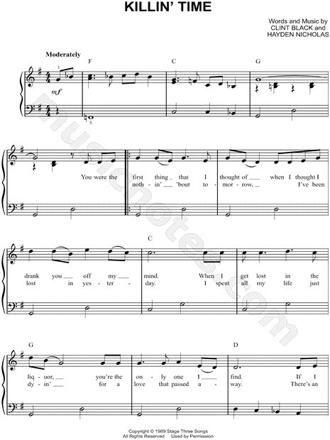 Clint Black "Killin' Time" Sheet Music (Easy Piano) in G Major - Download & Print - SKU: MN0125830