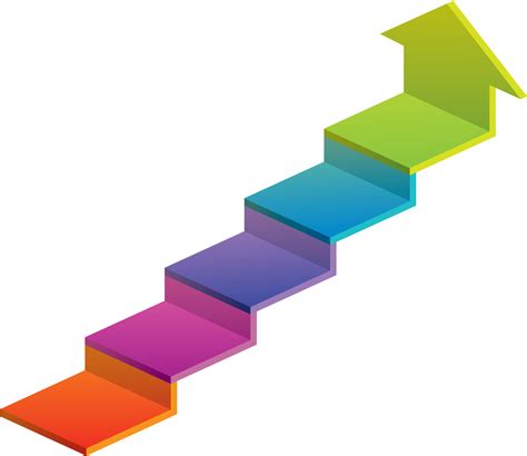 a colorful staircase with an arrow going up to the top and down it's side