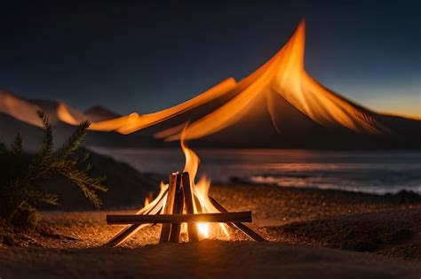 Premium AI Image | A fire on a beach with a fire in the background.