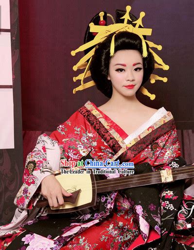 Traditional Japanese Geisha Kimono Costumes and Hair Accessories Complete Set for Women