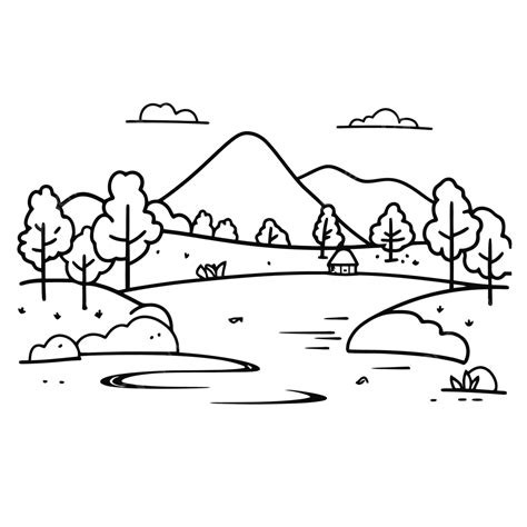 Landscape Silhouette With Trees And A River Doodle Outline Sketch Drawing Vector, Tree Drawing ...