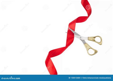 Grand Opening. Top View of Gold Scissors Cutting Red Ribbon on Wite ...