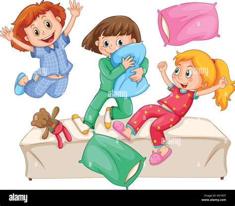 Three girls playing pillow fight at the slumber party illustration ...