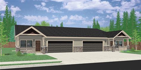 One Level Ranch Duplex Design 3 Car Garage D-650 | Duplex design, Cottage house plans, Simple ...