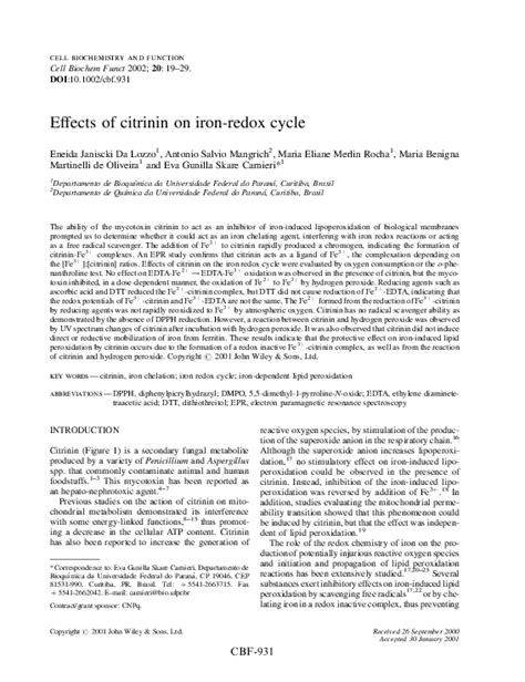 (PDF) Effects of citrinin on iron-redox cycle | Maria Eliane Merlin Rocha - Academia.edu